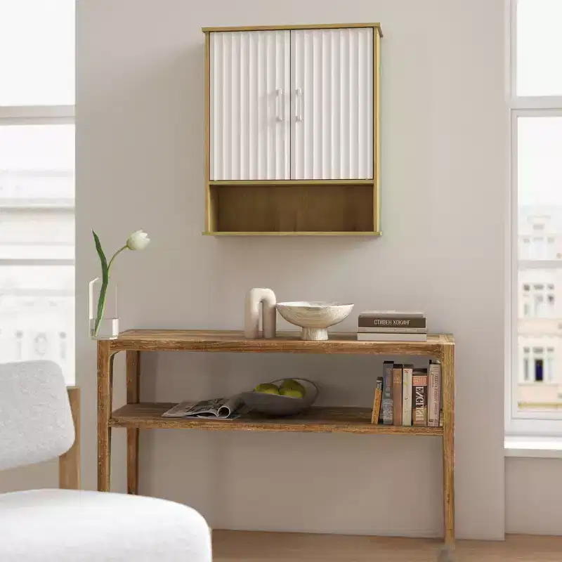 Fluted Bathroom Wall Cabinet with 2 Door & Adjustable Shelf Modern Medicine Cabinet 3-Tier Kitchen Wall Cabinets Wall Storage Cabinet Over The Toilet