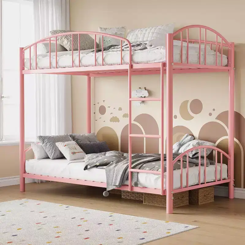 Metal Bunk Bed Twin Over Twin, Heavy Duty Bunkbeds Frame with Arched Guardrail and Safety Ladder, Sturdy Steel Bed for Kids Boys Girls, Pink