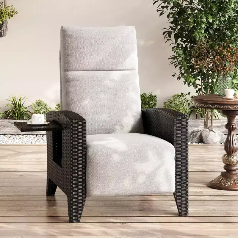 Wicker Recliner Chair with Adjustable Back & Footrest,150 Lay Flat Rattan Reclining Patio Chair with Extendable Side Table & Air Pump