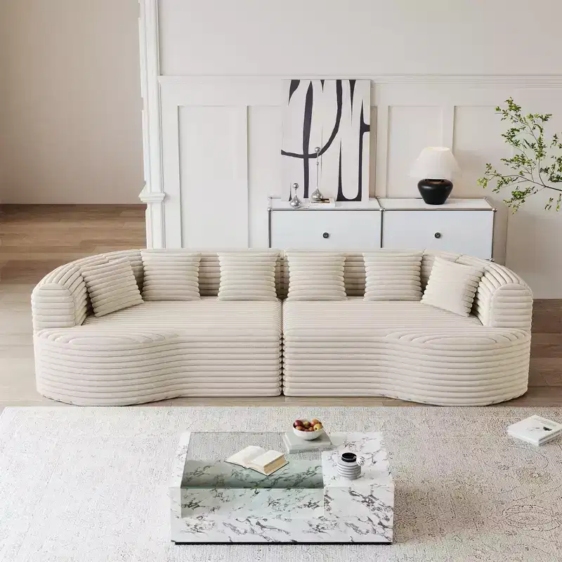 Clihome 106.3 4-Seater Corduroy Sofa, Curved Sectional Sofa with 6 Cushions