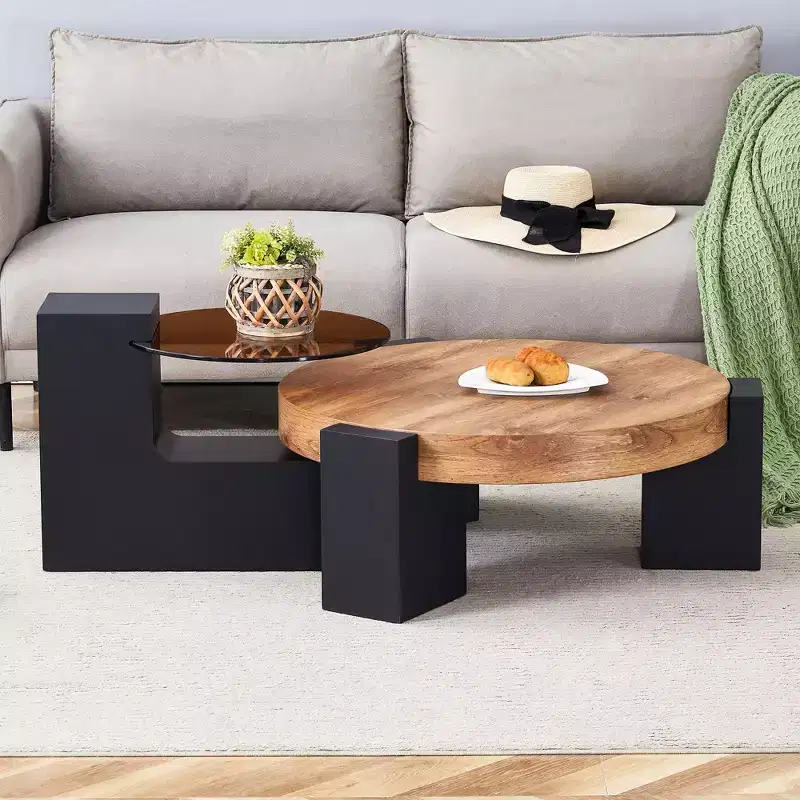 Round Nesting Coffee Table Cocktail Table Center Table End Table SIde Table with Transparent Glass Top and L-Shaped Legs, White/Brown+Black-ModernLuxe