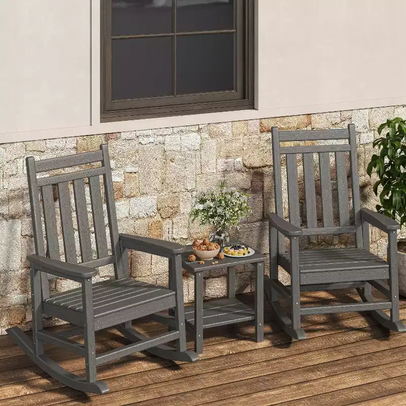 HDPE Rocking Chair Set of 2 with 1 Side Table, Adirondack Rocking Chair with High Back, All Weather Resistant Furniture Set for Porch, Garden