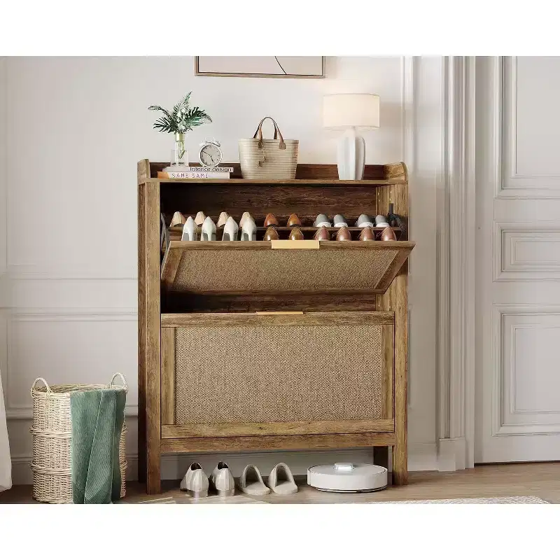 GustoWave 32 Narrow Rattan Shoe Storage Cabinet with 2 Flip-Down Drawers, Brown