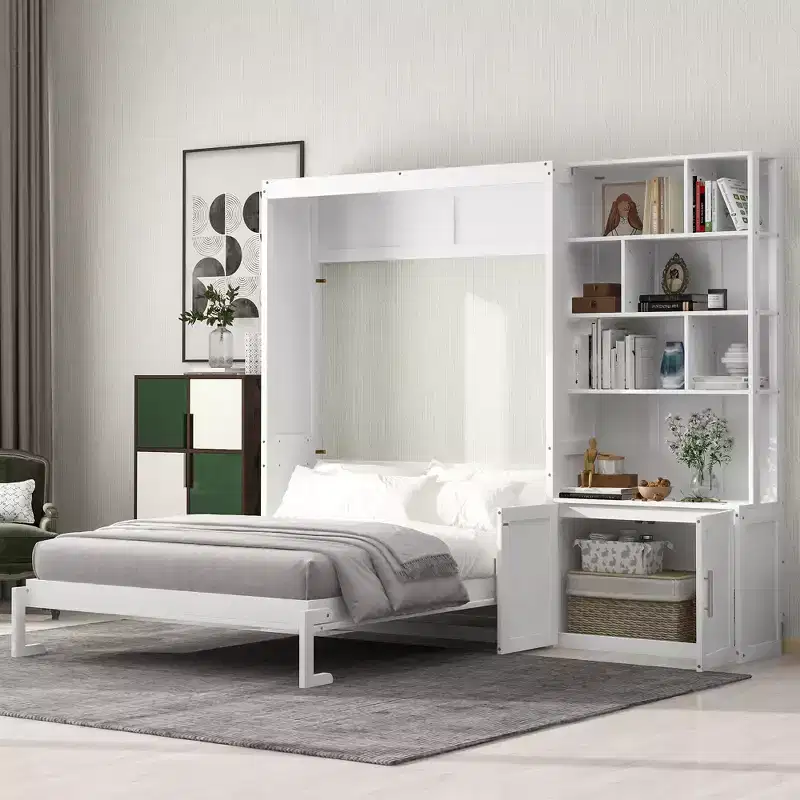 Full Size Murphy Bed Wall Bed with Storage Shelves, Folding Wall Bed with Cabinet for Bedroom Guest Room, White