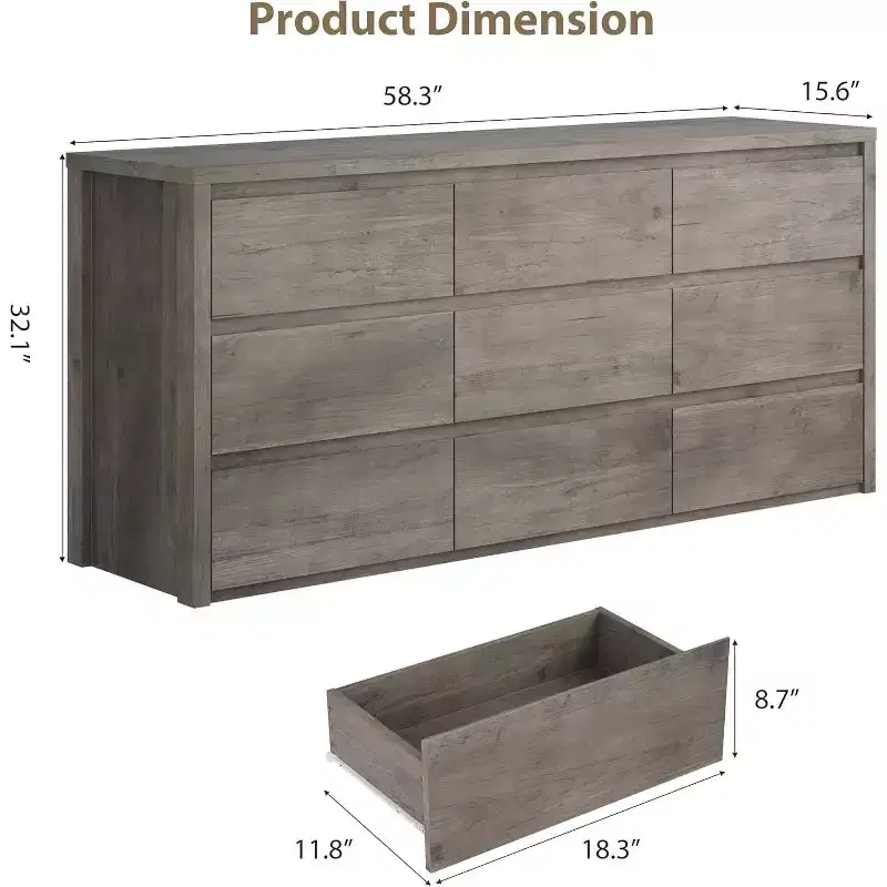 9-Drawer Wooden Dresser for Bedroom, Wide Modern Chest of Drawers, Large Storage Organizer for Living Room, Hallway, or Entryway