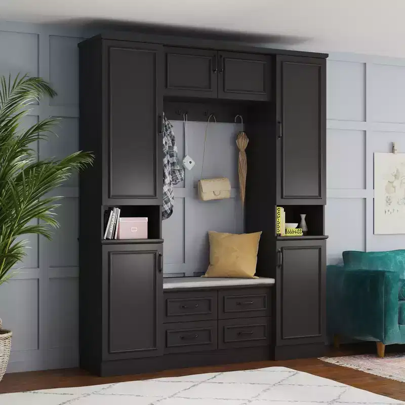 Famapy Black 6-Door Wardrobe Closet Hall Tree with Bench Hanging Rods and Hooks