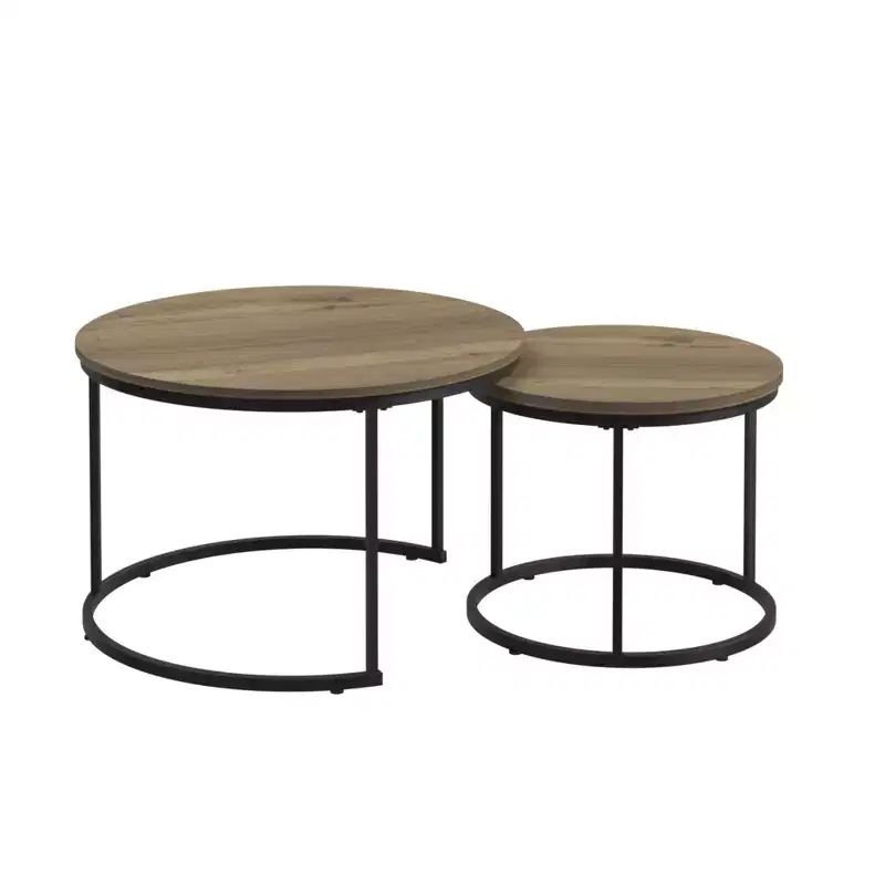 Homy Casa 2-Piece Nesting Coffee Table Set with Round Wood Tops & Metal Frame, Natural Oak