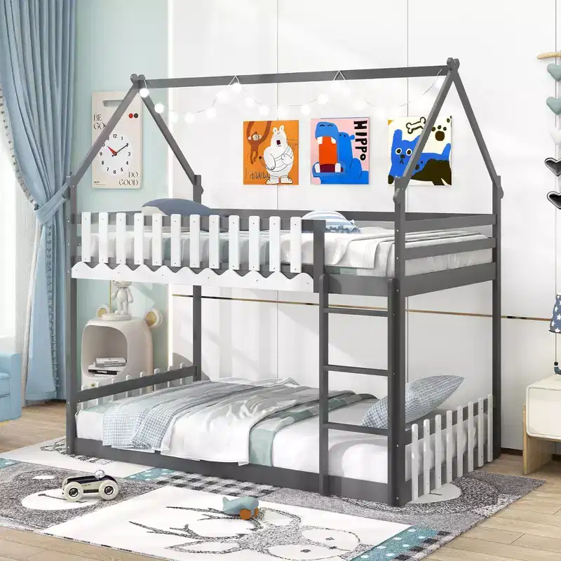 Twin Over Twin House Bunk Bed with Fence & Ladder - Solid Wood, Gray