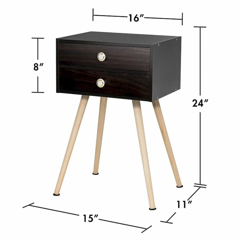 Mid Century Modern 2 Drawers Nightstand in Brown