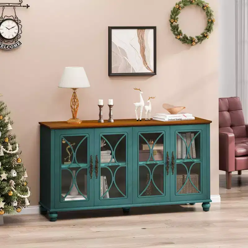 Antique Style 4-Door Sideboard Buffet Cabinet, Wooden Storage Cabinet with Tempered Glass Door for Kitchen Dining/Living Room Hallway