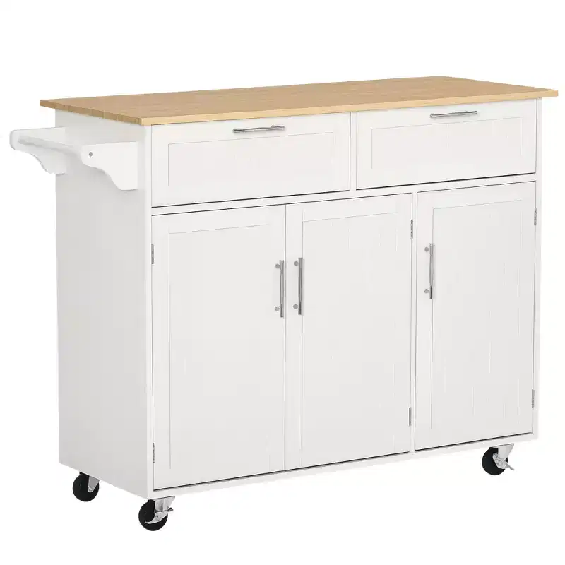 Mobile Kitchen Island with Storage, Kitchen Cart with Wood Top, Storage Drawers, 3-door Cabinets, Adjustable Shelves and Towel Rack
