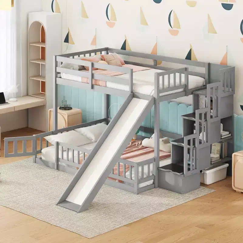 Twin over Full Bunk Bed with Slide, Storage Staircase, Safety Guardrails and Solid Pine Wood Frame, White/Grey