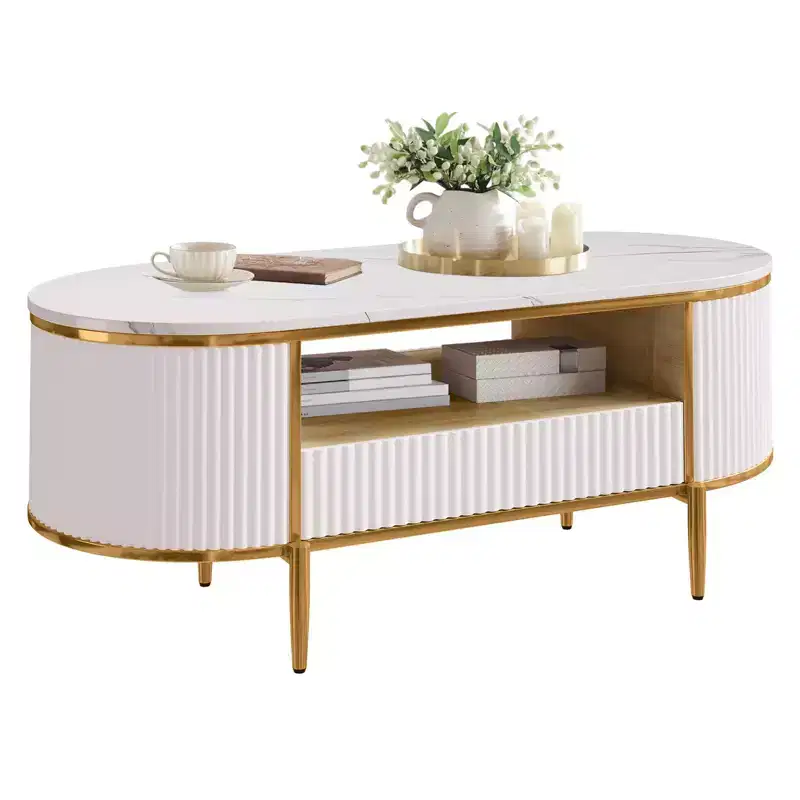 Coffee Table Modern Luxury, 47.24 Oval Fluted Design w/Sliding Drawers & Gold Metal Legs, Faux Marble Top Minimalist Center Table for Living Room