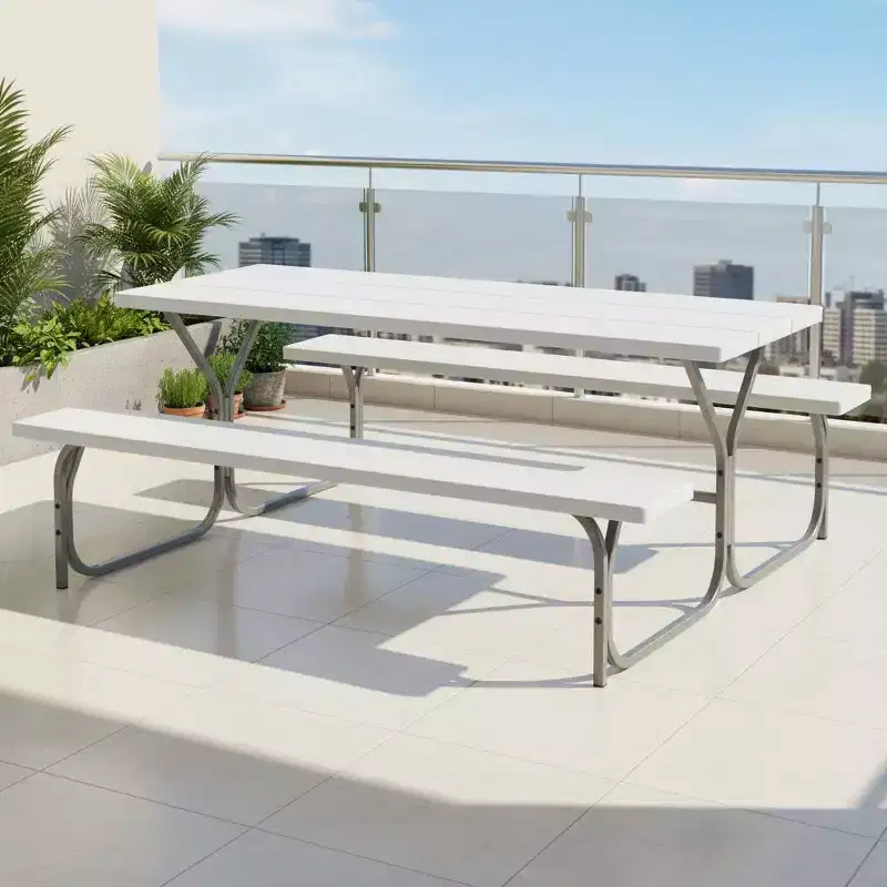 Gymax 6' Outdoor Picnic Table and Bench Set w/ HDPE Wood-Like Tabletop Built-In Umbrella Hole & 2 Benches for Dining & Gatherings Black/Gray/White