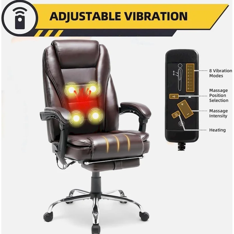 Ergonomic Heated Executive Office Chair, 2/4/6-Point Massage, Retractable Footrest, PU Leather