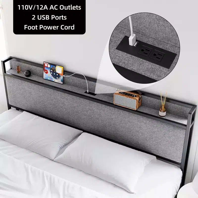 Bed Frame, King Size with Storage Headboard - 2 Drawers, Charging Station, Upholstered, 10.24'' Under-Bed Clearance, Noise-Free