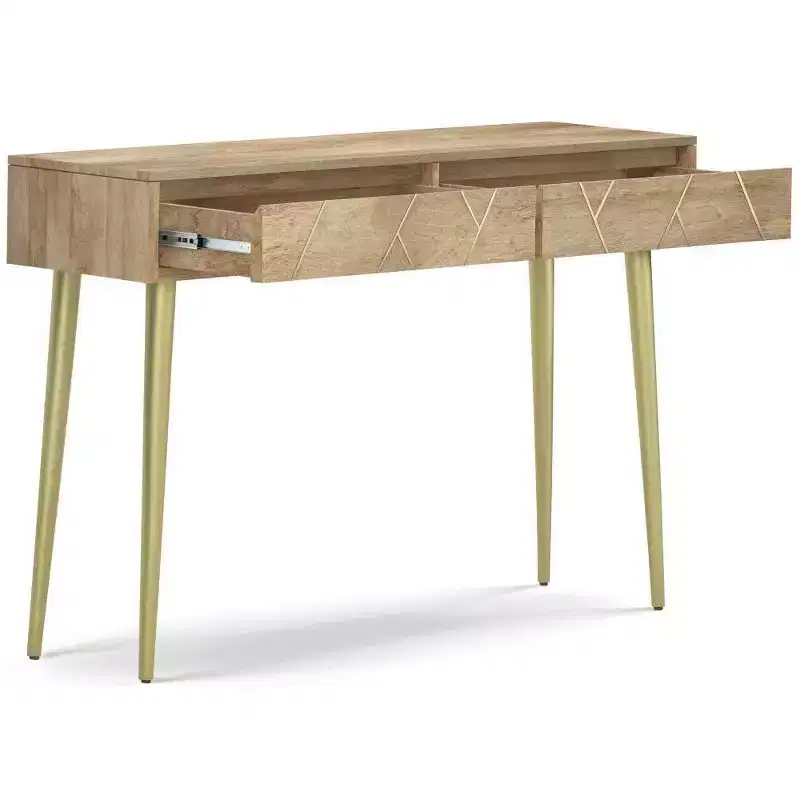 Bissell Console Table Natural - Wyndenhall: Mid-Century Modern, Geometric Brass Inlay, Storage