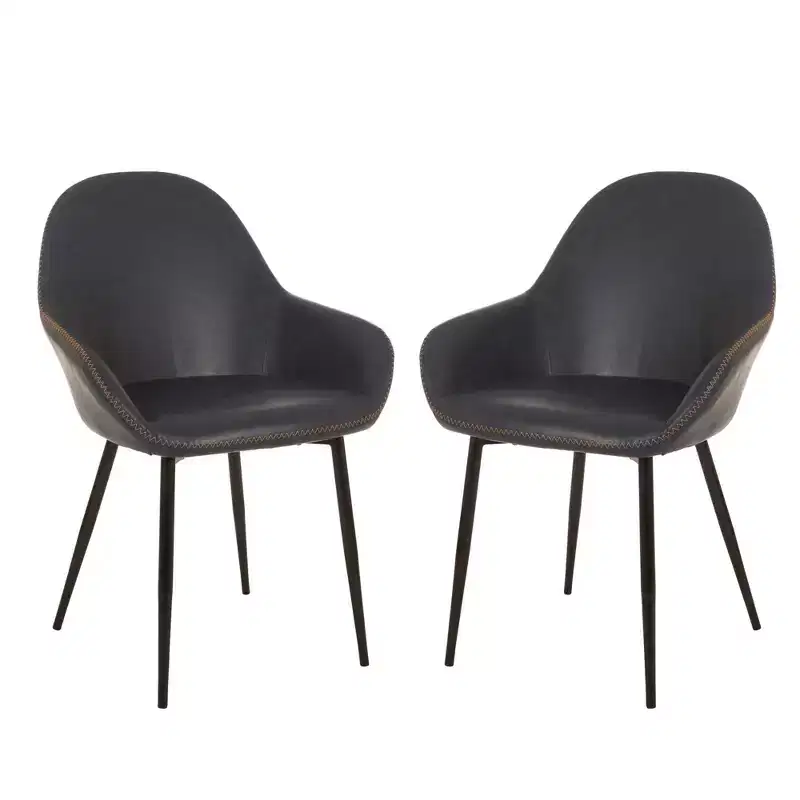 Set of 2 Mid Century Modern Vintage Leatherette Dining Armchair Navy Blue - Glitzhome: Upholstered, Steel Frame, Comfort Padding