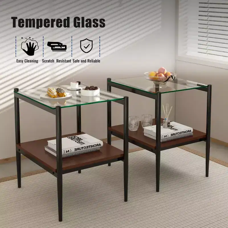 MAYEERTY Set of 2 Rectangle End Table with Tempered Glass Tabletop, for Living Room, Transparent Glass