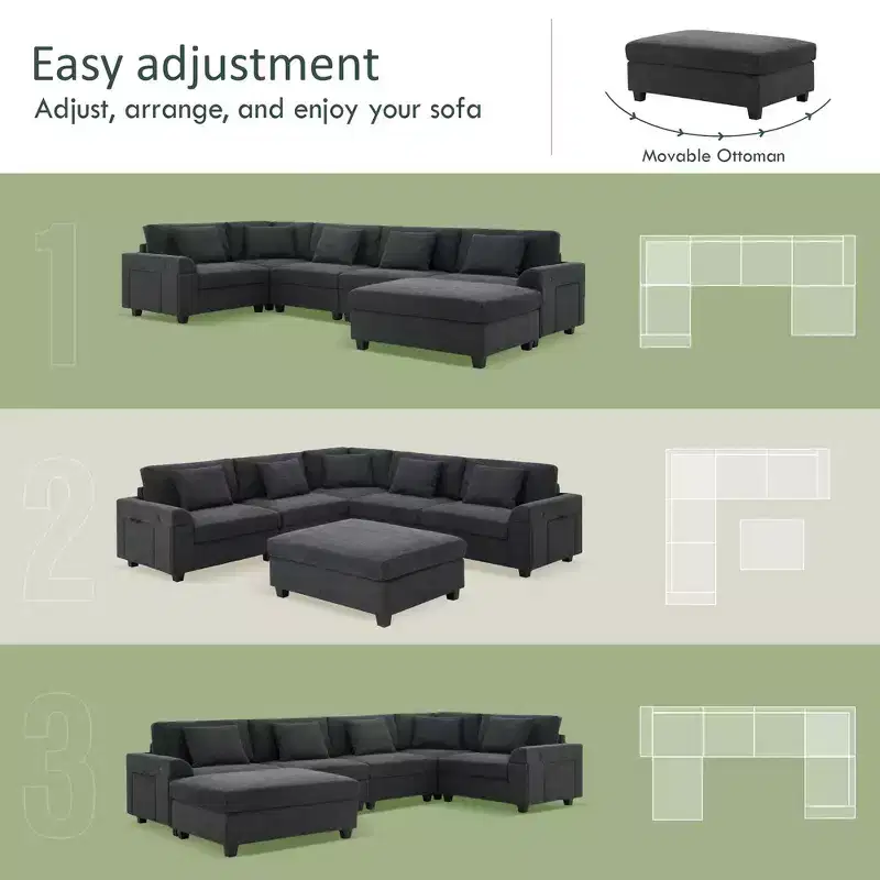Whisen Modern Chenille U-shaped Sectional Sofa with Oversized Ottoman, Hidden Armrest Storage and Cup Holders, USB Charging Ports