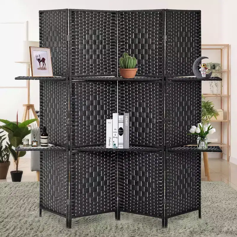 FDW Versatile 4/6 Panel Folding Room Divider Screen Divider Wooden Screen Folding Portable Partition with Built-in Shelves Stylish