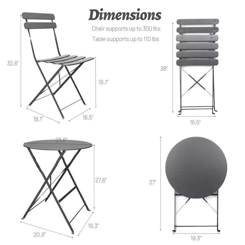 3 Pieces Patio Bistro Balcony Metail Chair Table Set