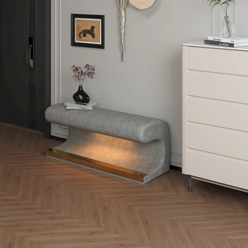 37W Entryway Bench Leather Upholstered Ottoman with LED