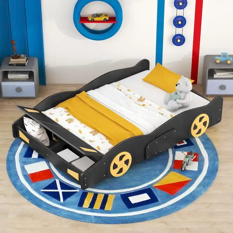 Full Pine Race Car Bed with Wheels and Storage