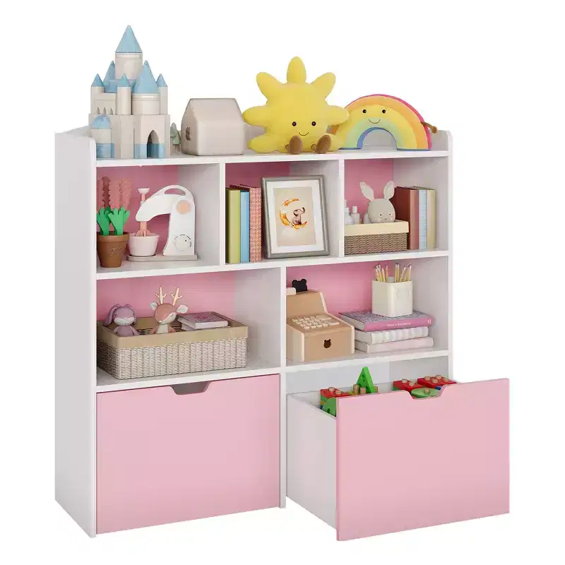 Pink and White Kids Toy Storage Organizer, Wooden Toy Storage Cabinet, Playroom Storage Cubby, Toys Organizers and Storage for Bedroom, Nursery