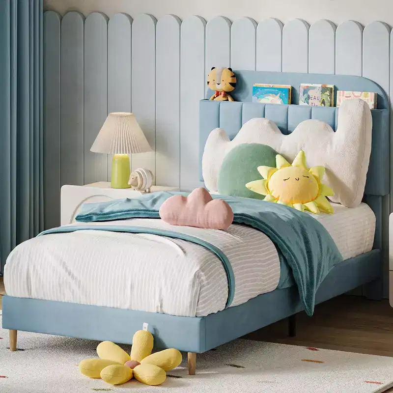 Twin Bed Frame with Storage Headboard, Velvet Upholstered Platform Bedframe for Kids, Strong Wooden Slats, Noise-Free, Light Blue