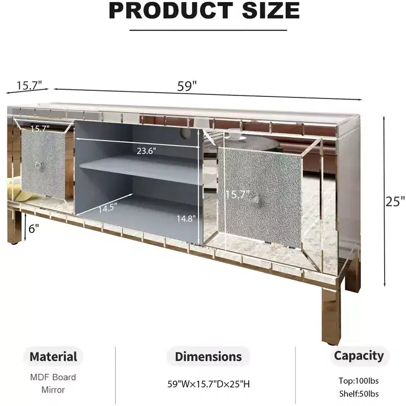 TV Stand for TVs Up to 65 Inches, Media Console Table with Storage, Mirror Entertainment Center Cabinet