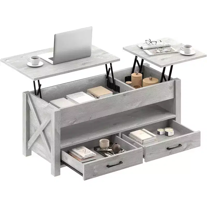 Summit Adventure 47.2 Lift-Top Coffee Table - 2 Drawers & Hidden Storage, Retro Wooden Top for Living Room - Gray