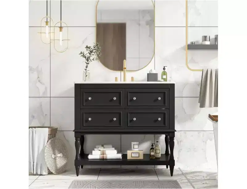 36 Bathroom Vanity, Modern Hardwood Frame Cabinet with Ceramic Sink Top, 4 Drawers & Open Shelf, Freestanding Undermount Lavatory Storage