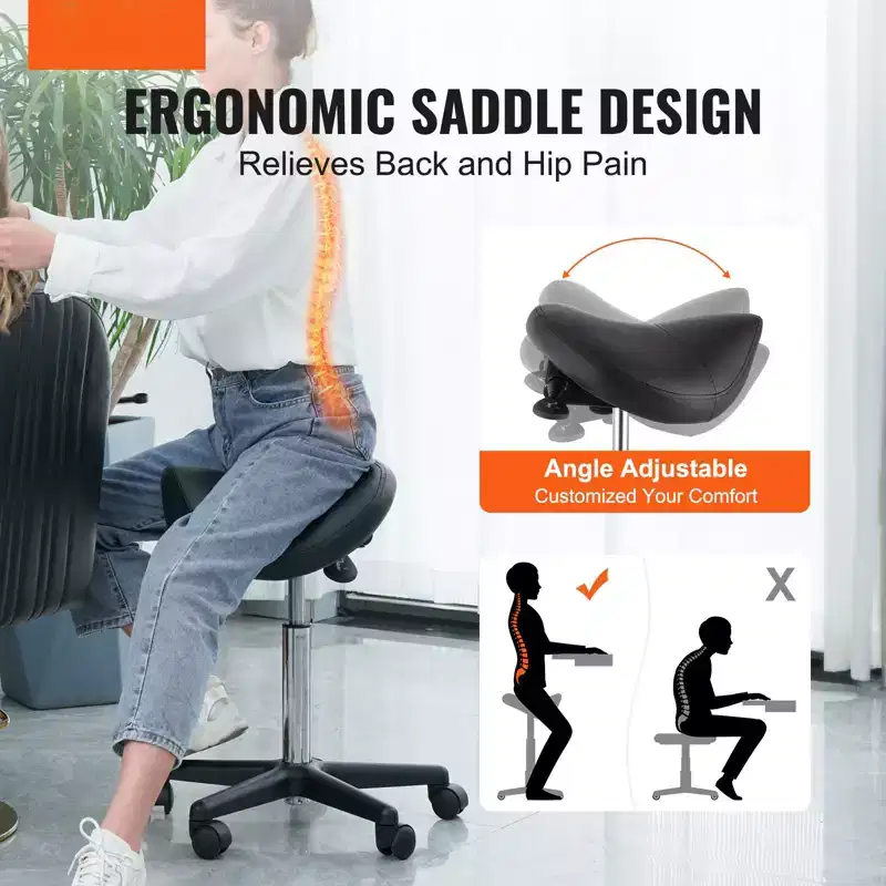 Height Adjustable Saddle Stool with Wheels – 400 LB, PU Leather, 360° Swivel, Black