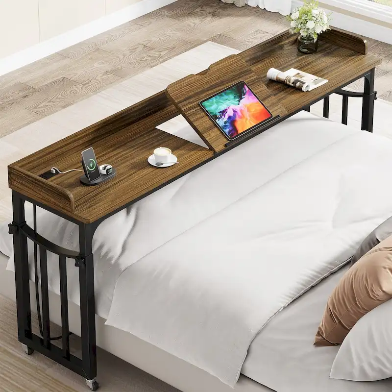 71 inch Overbed Table with Height Adjustable & Power Outlet, Queen Size Bed Table