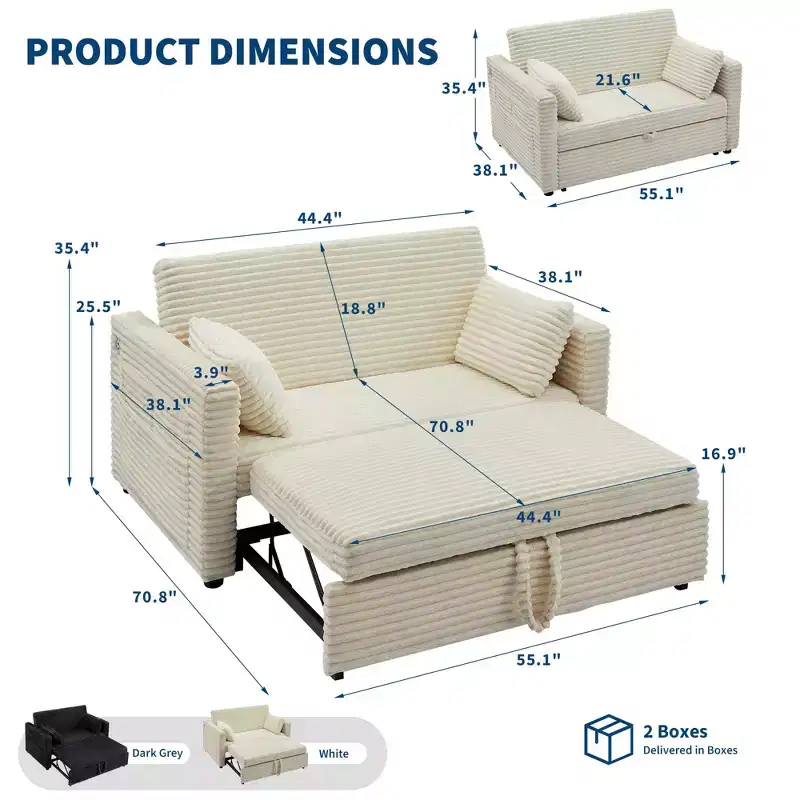48'' Loveseat Sleeper Sofa Bed,Corduroy Couch with Adjustable Backrest, Side Pockets and Charging Station, Loveseat with Pull Out Bed for Living Room