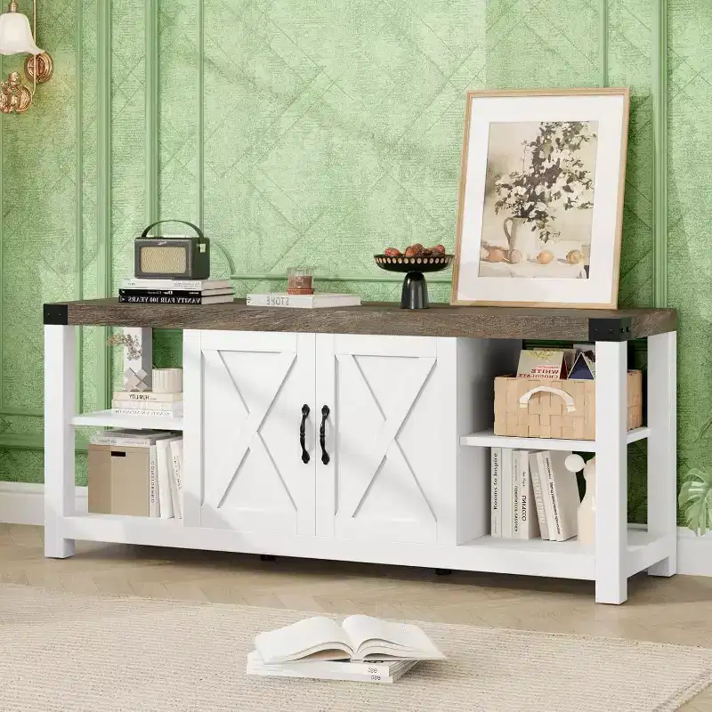 DobleePy 60 Farmhouse TV Stand with Doors & Shelves, Entertainment Center for TVs up to 65, Spacious and Durable Storage