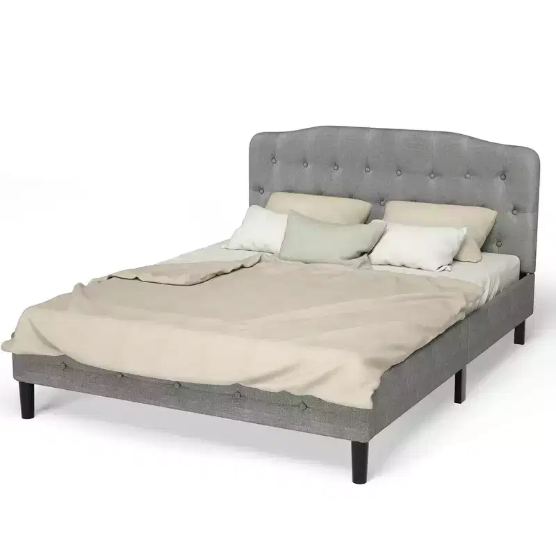 Queen Upholstered Headboard Adjustable Button Tufted Faux Linen Light Grey