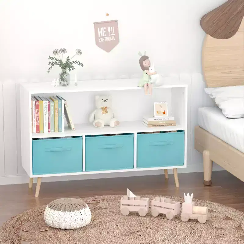 Kids Bookshelf with 3 Cloth Drawers, Multi-Purpose for Books/Toys, Wall-Mounted Safety Buckle, High-Density MDF