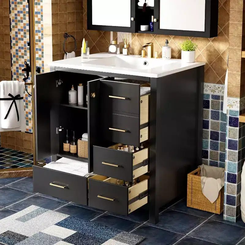 Bathroom Vanity Cabinet with Sink, Modern Wood Frame Bathroom Dresser Sets with 4 Drawers & 2 Soft Closing Doors, Bathroom Sink Cabinet