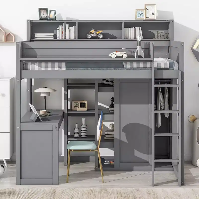 Whisen 77.16''L x 48.5''W Wood Twin Size Loft bed with Multiple Storage Shelves and Wardrobe, Ample Storage Space