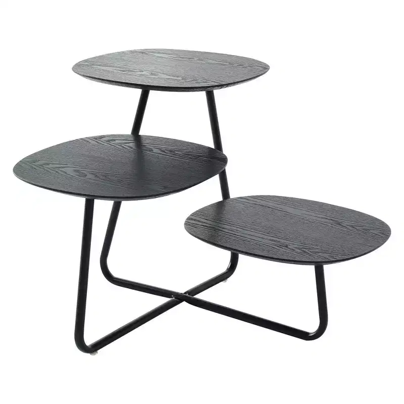 LeisureMod 3-Tier Multi-Level Coffee Table - White Wood Grain & Black Metal