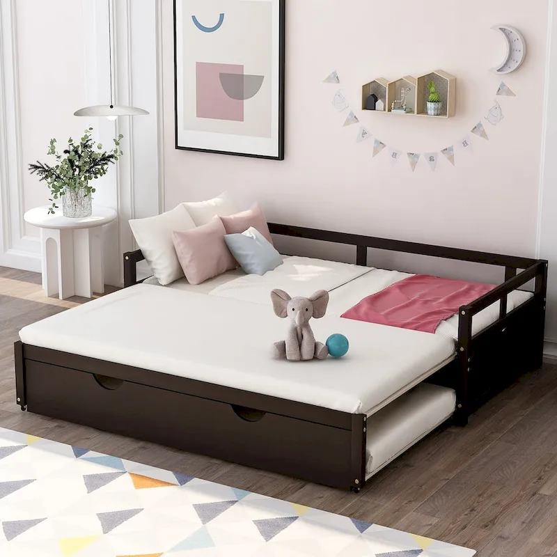 Black Extendable Twin Pine Daybed with Trundle - Sturdy Frame and Slat Kit Included
