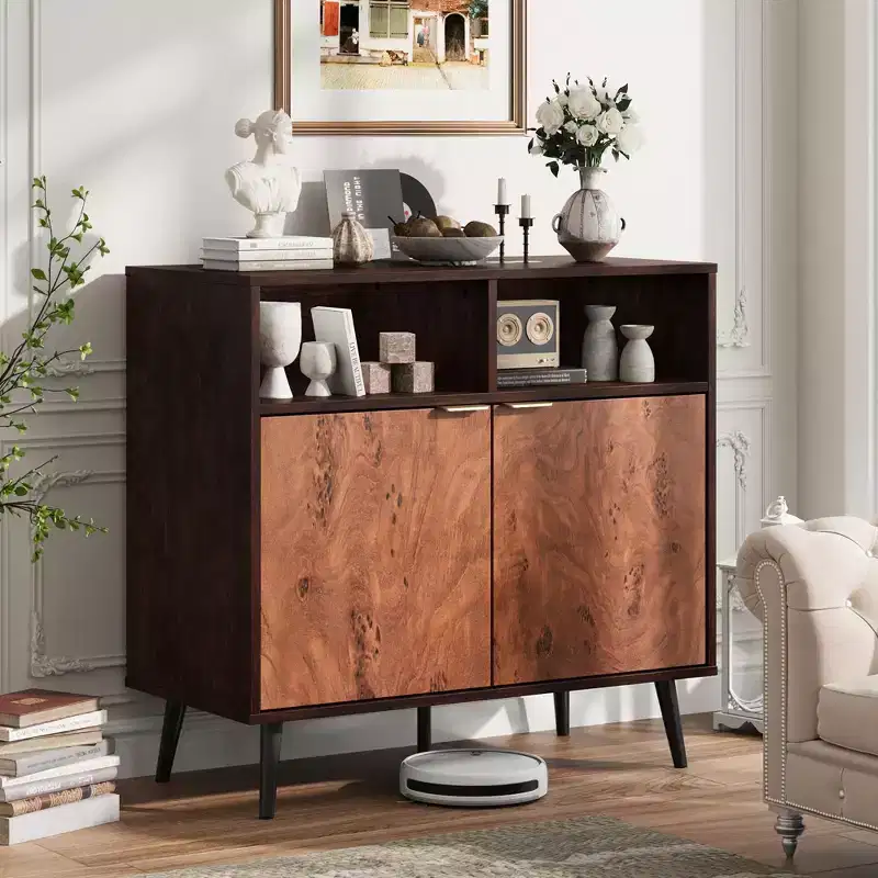 31.5 Walnut and Burl Storage Cabinet - Compact Accent Cabinet for Dining Room, Living Room or Entryway