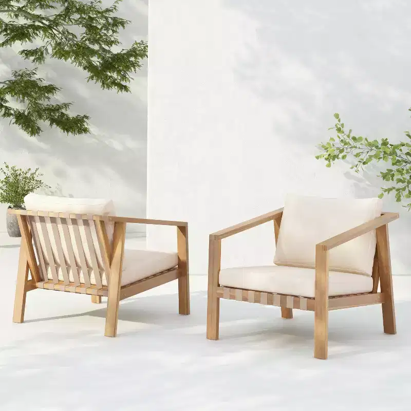 Christopher Knight Home Fraser Patio Slat Design Acacia Wood Club Chair with Cushion, Beige/Light Teak