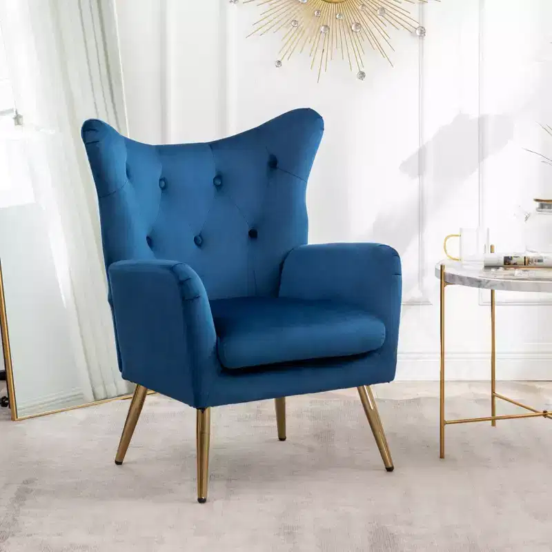 Velvet Button-Tufted Wing Back Accent Chair, Blue