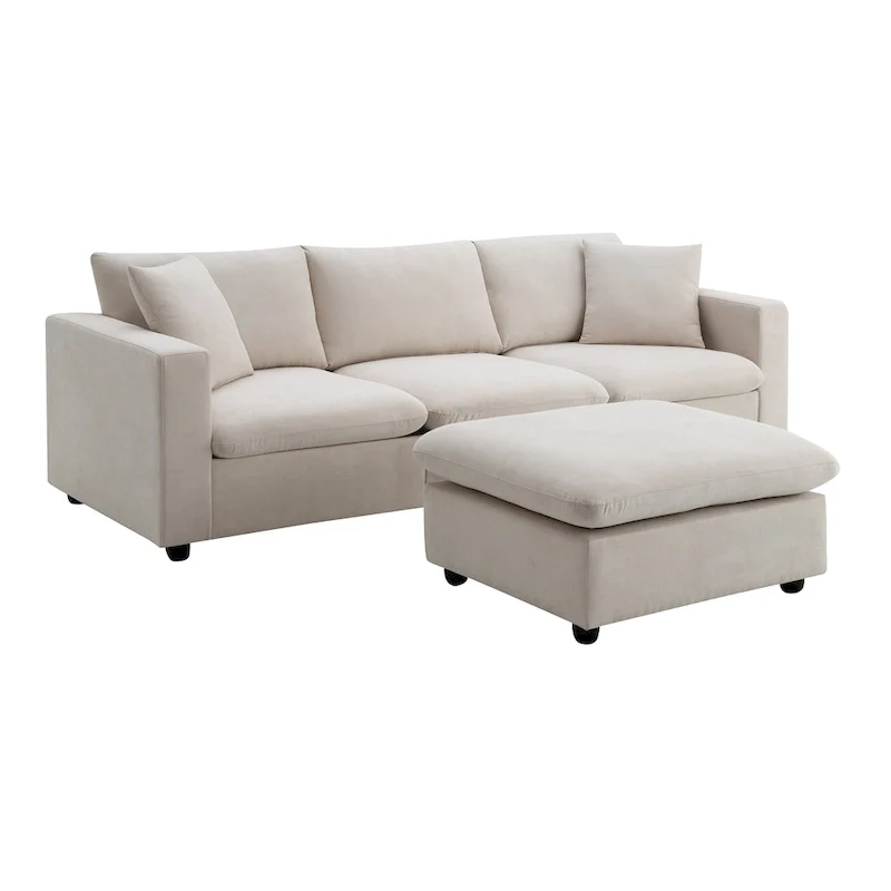 L-shaped Polyester Fabric Couch Set with 2 Free Pillows and Convertible Ottoman