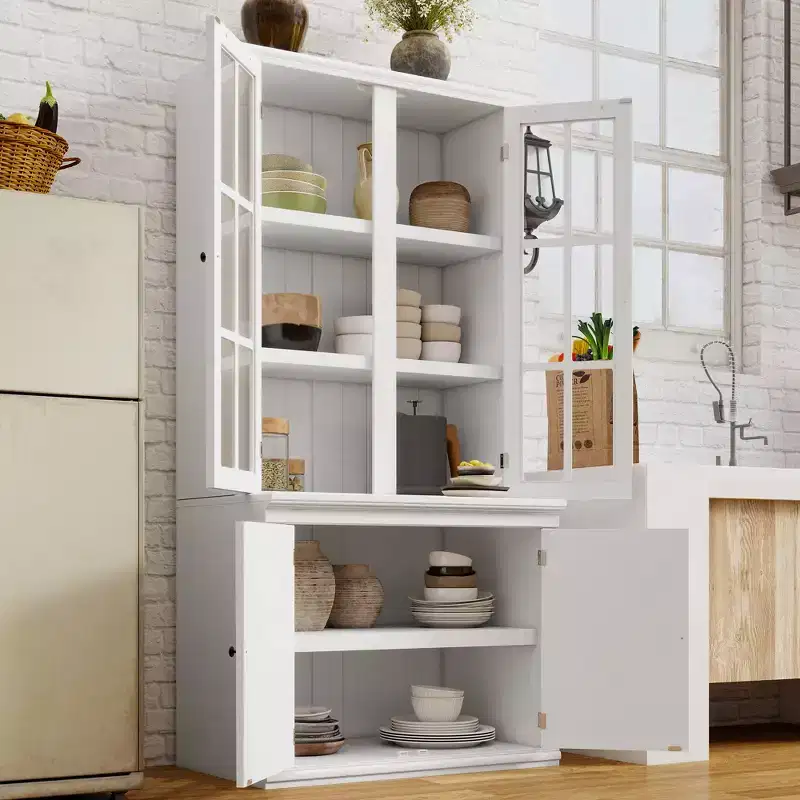 White Farmhouse Freestanding Display Cabinet with Lattice Glass Doors, 4-Door, 1-Person Assembly