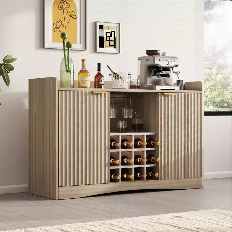 47W Modern Wine Bar Cabinet, Freestanding Coffee Bar Cabinet with 9 Glass Holders & 12 Wine Racks, Wooden Sideboard Buffet Cabinet, Brown