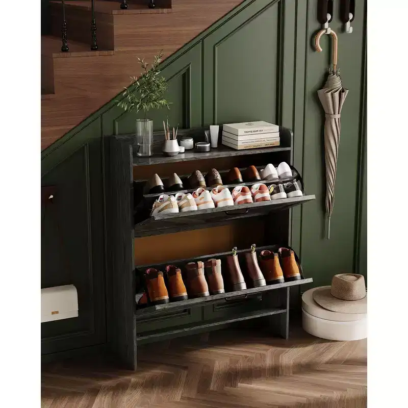 COZONY Narrow Shoe Storage Cabinet for Entryway with 2 Flip-Up Drawers, Slim Freestanding Shoe Organizer Rack, Hidden Shoe Cabinet